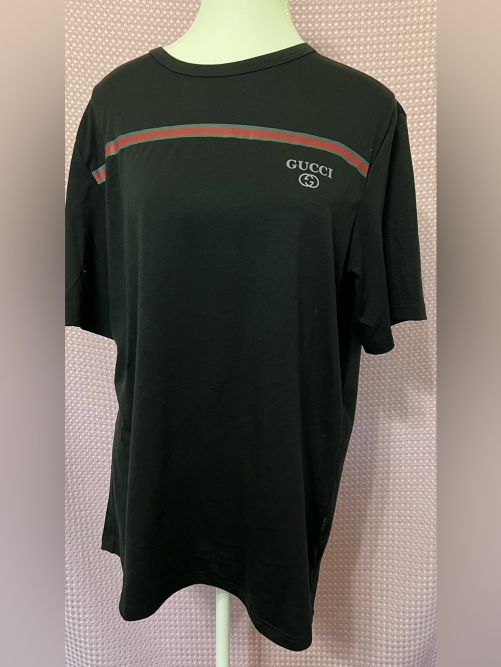 Gucci Black Short-Sleeve Tee with Red & Green Stripe
